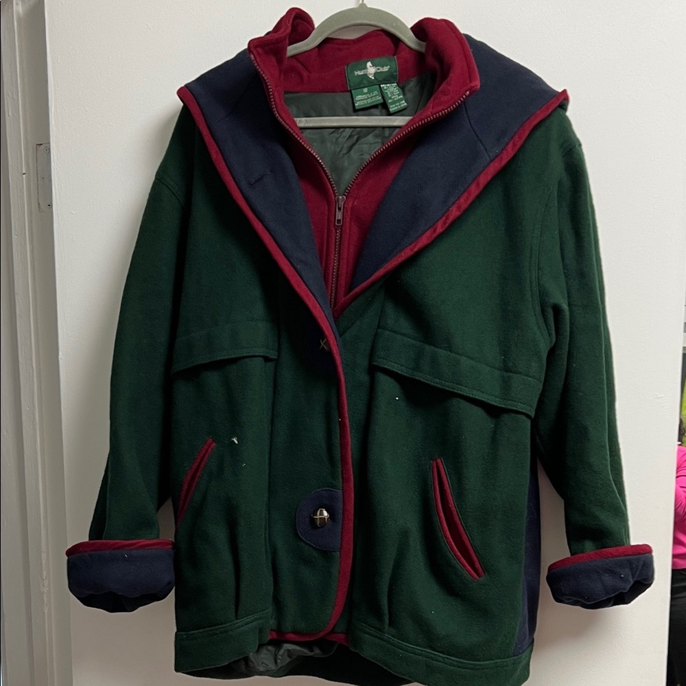 Hunt Club Colorblock Green Navy Red Wool Pea Coat with Hood Size 12